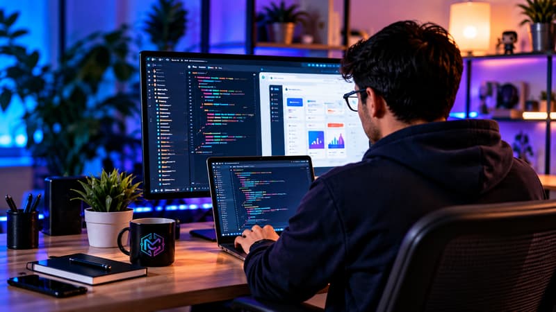 Desarrollador programando un sistema web en un escritorio con dos pantallas
