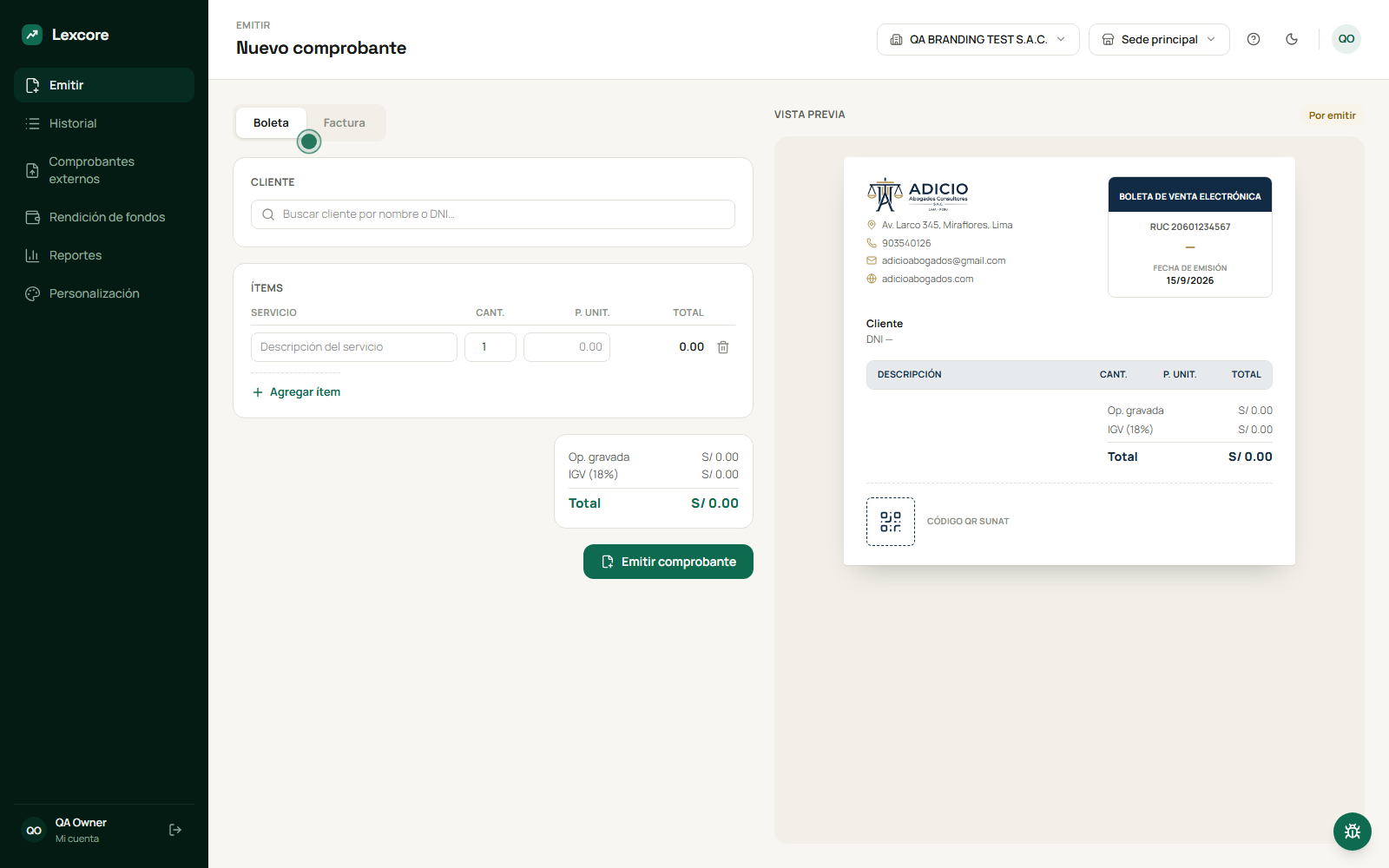 Sistema de facturación electrónica: emisión de boleta con vista previa del comprobante SUNAT
